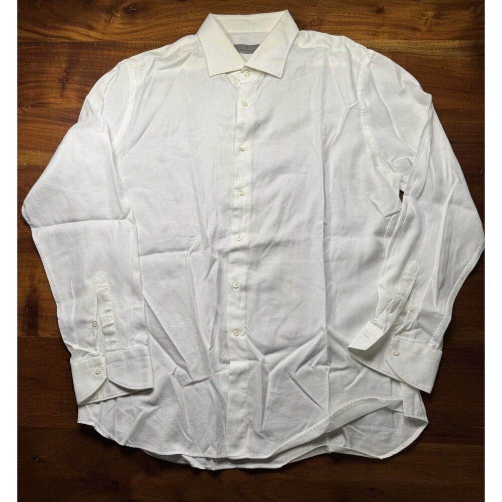 Canali Luxury Dress Shirt White Solid 100% Cotton Italy Size 46 18 XXL Classic